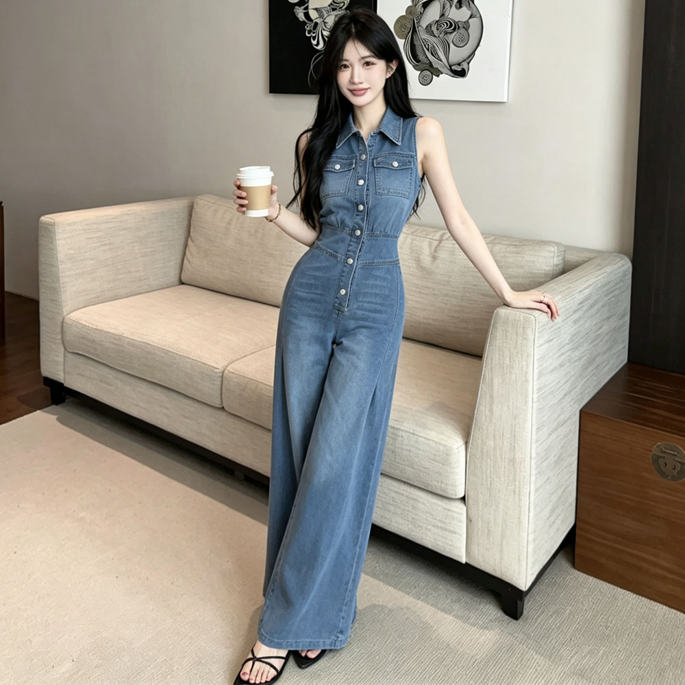 Denim jumpsuit high waist wide leg pants for women