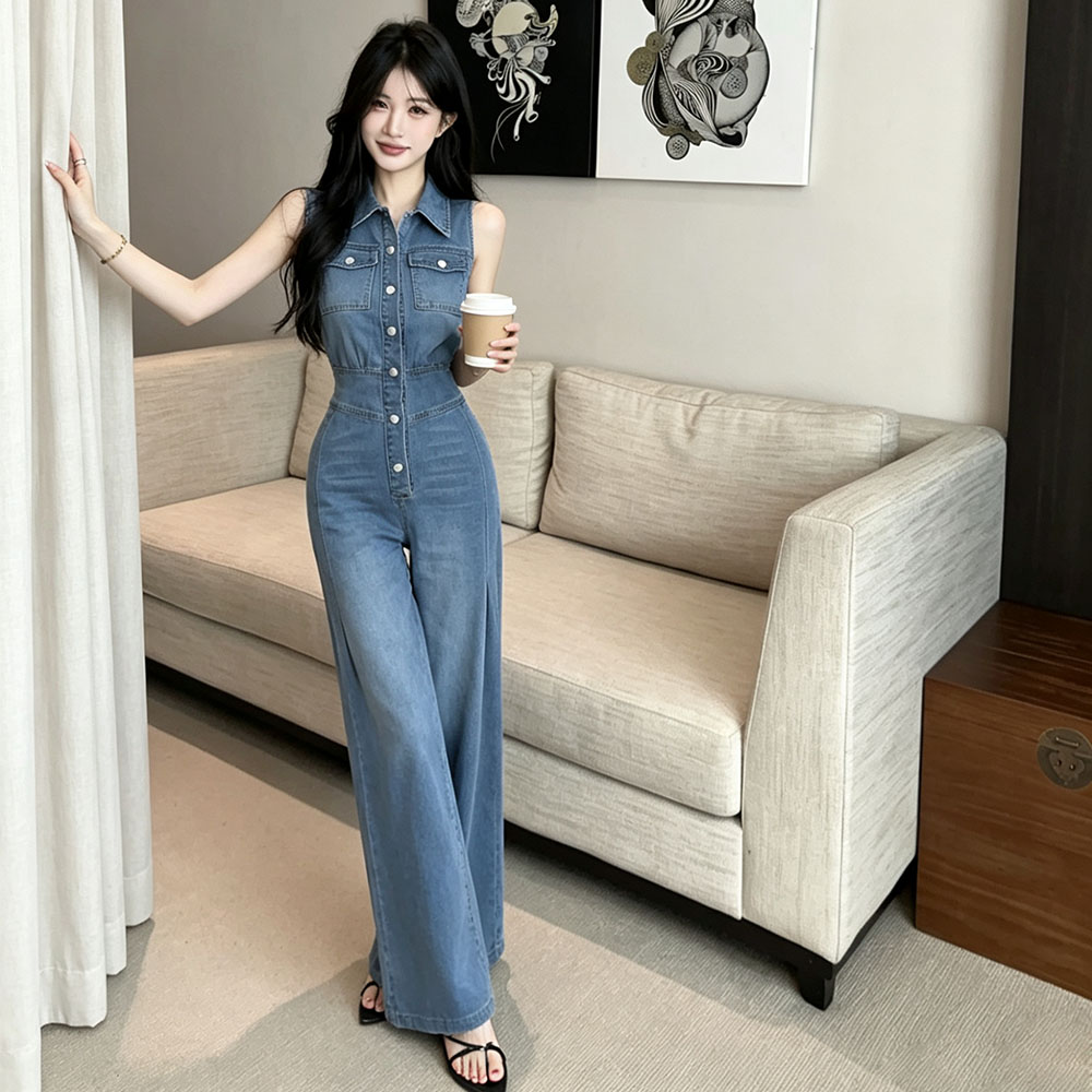 Denim jumpsuit high waist wide leg pants for women