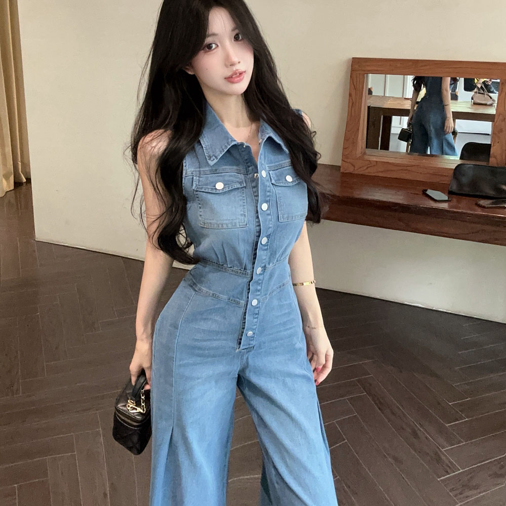 Denim jumpsuit high waist wide leg pants for women