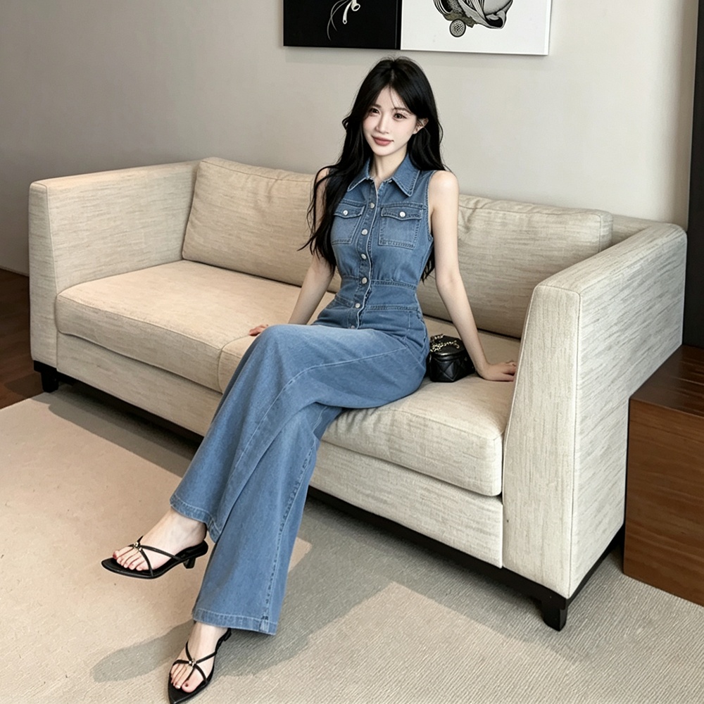 Denim jumpsuit high waist wide leg pants for women