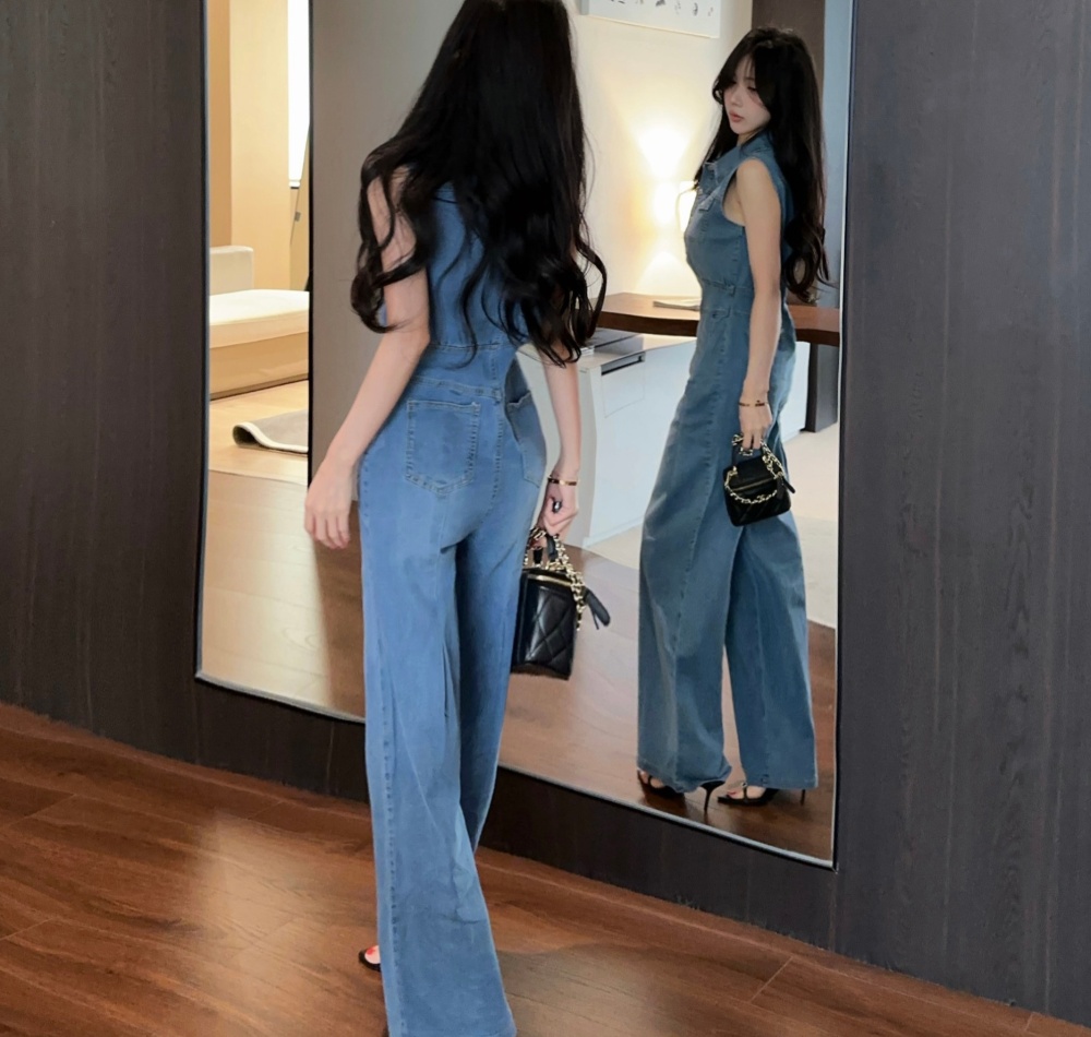 Denim jumpsuit high waist wide leg pants for women