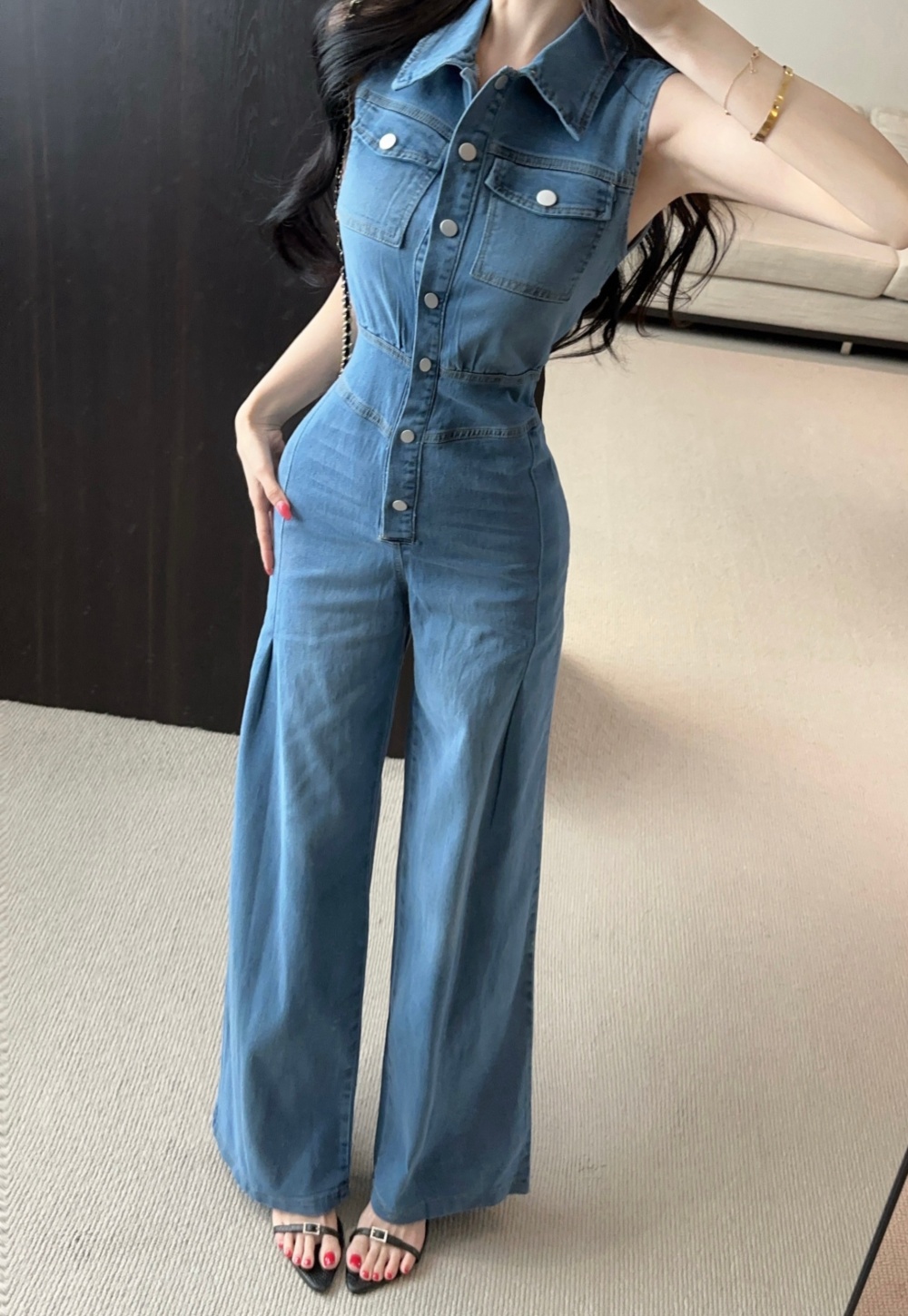 Denim jumpsuit high waist wide leg pants for women