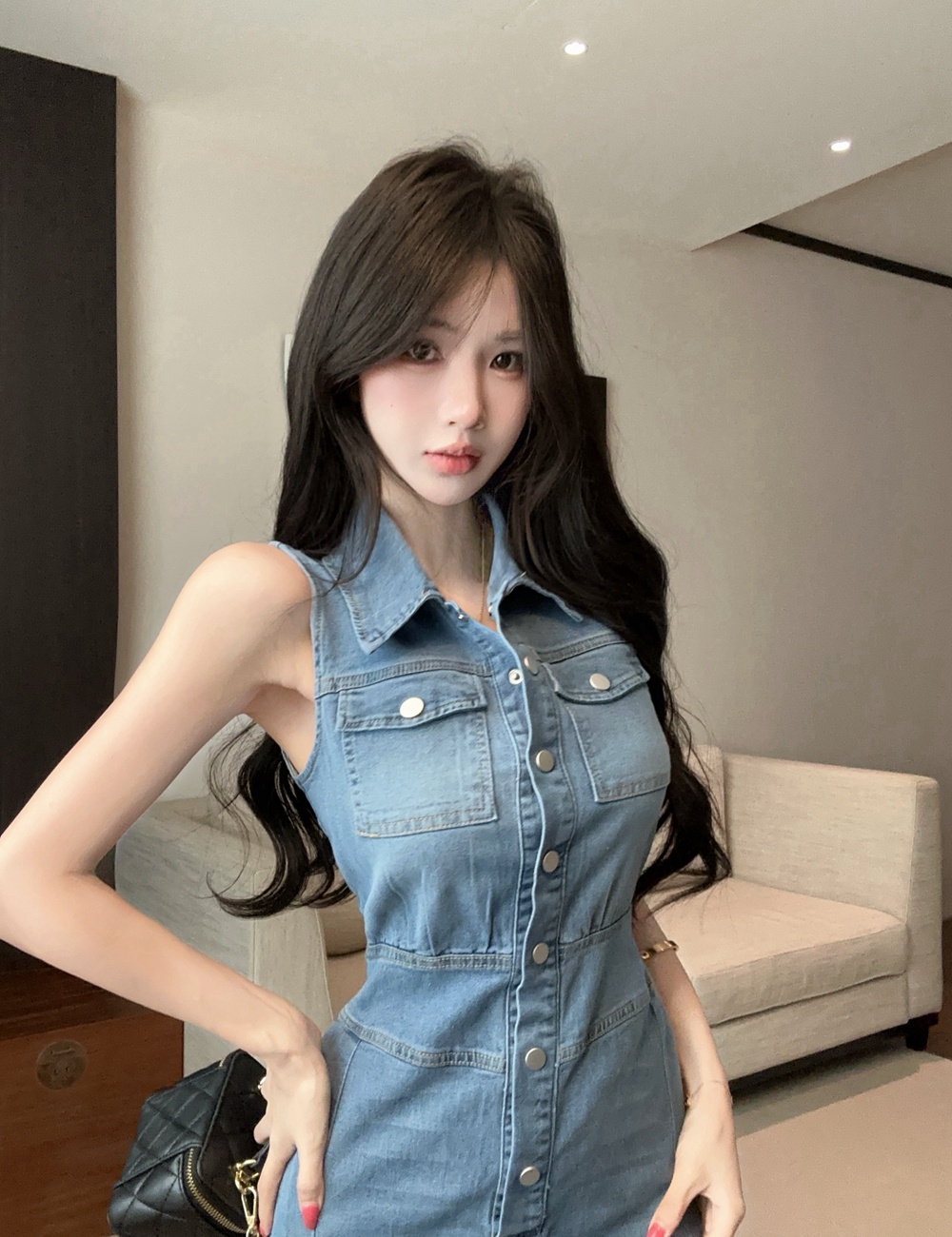 Denim jumpsuit high waist wide leg pants for women
