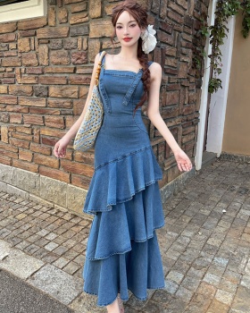 Denim cake France style strap dress for women