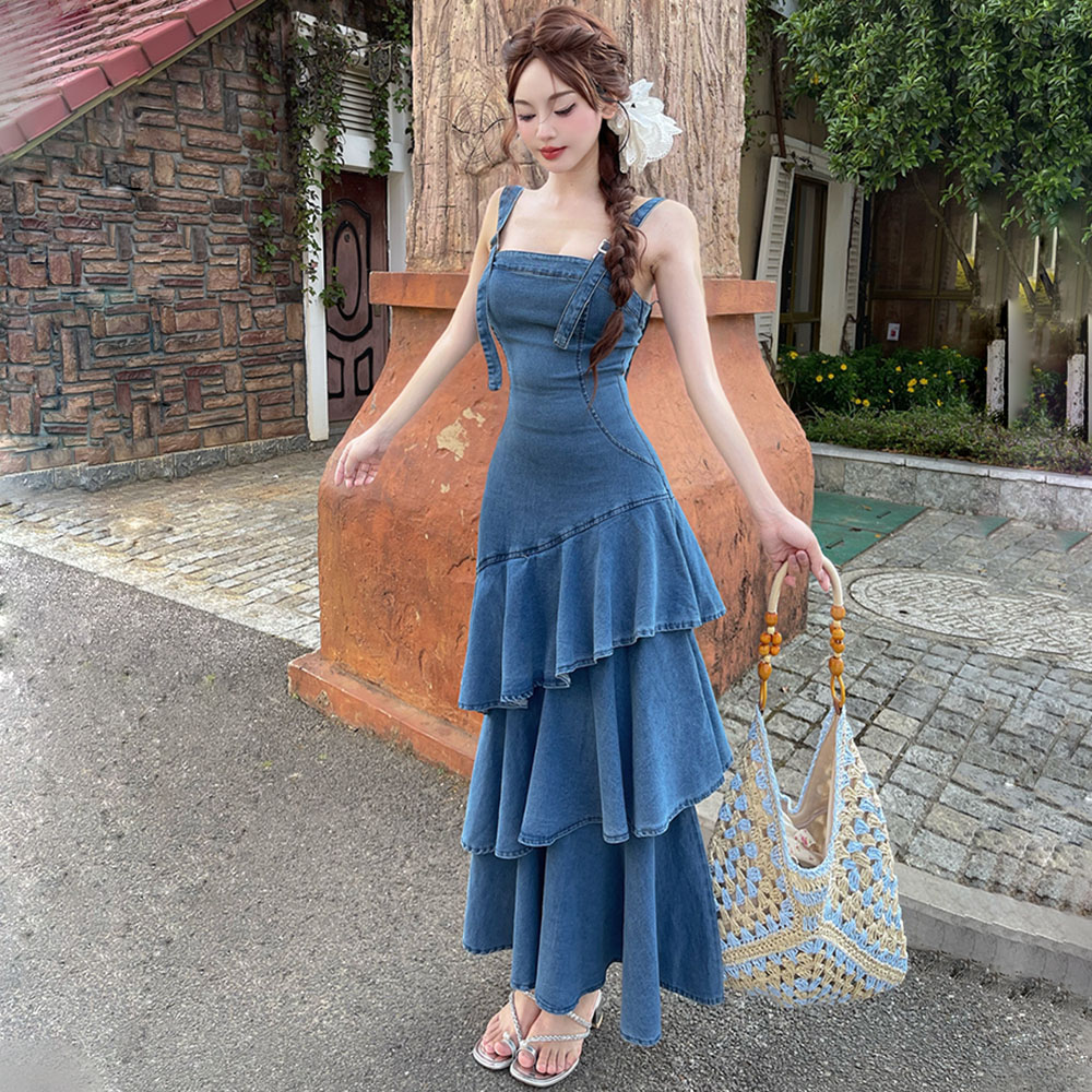 Denim cake France style strap dress for women
