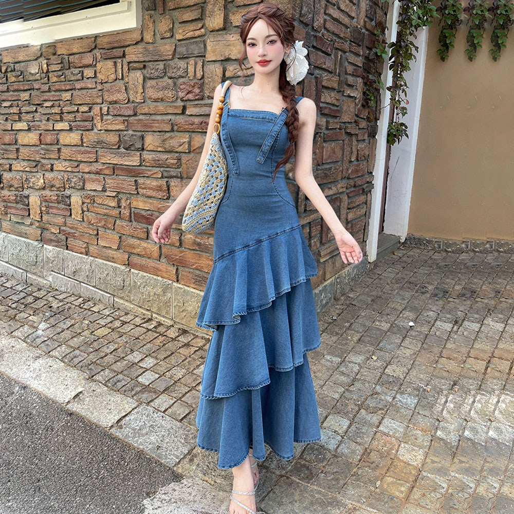 Denim cake France style strap dress for women