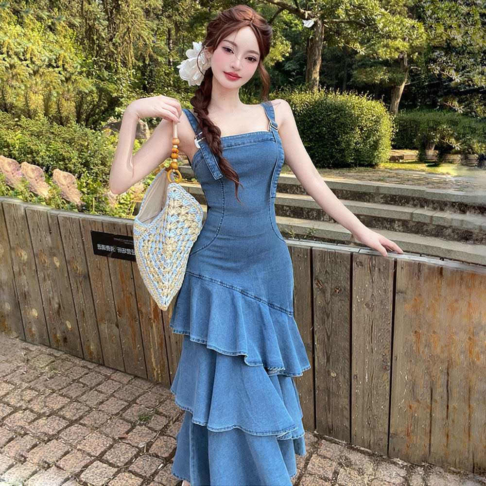 Denim cake France style strap dress for women
