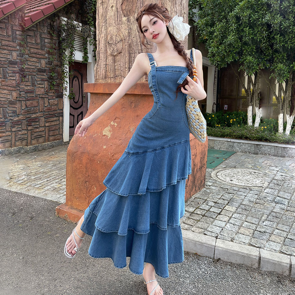 Denim cake France style strap dress for women