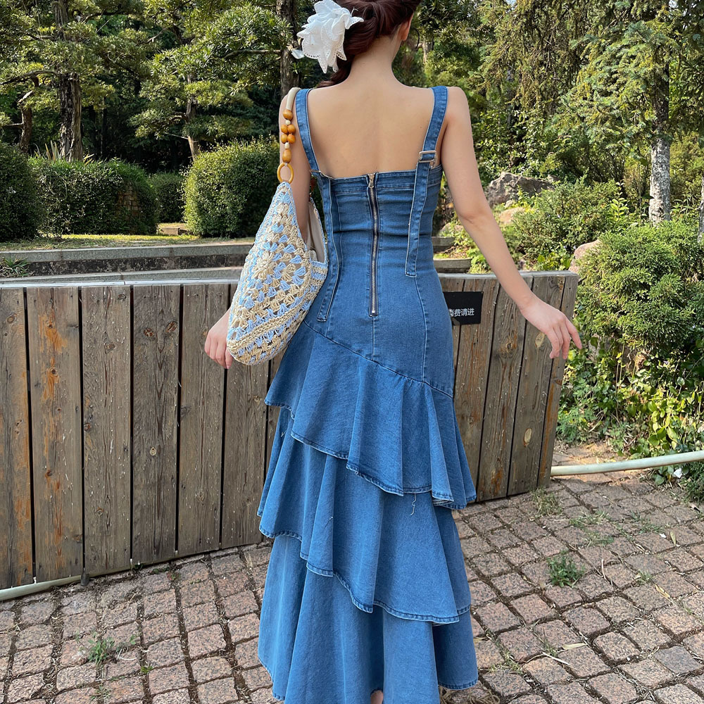 Denim cake France style strap dress for women