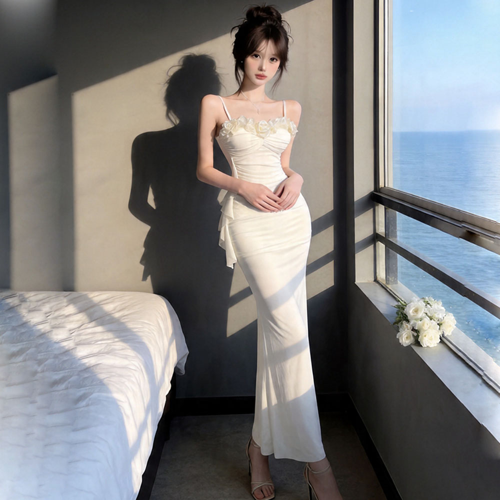 Sweet sandy beach vacation tender long dress sling gauze sexy dress