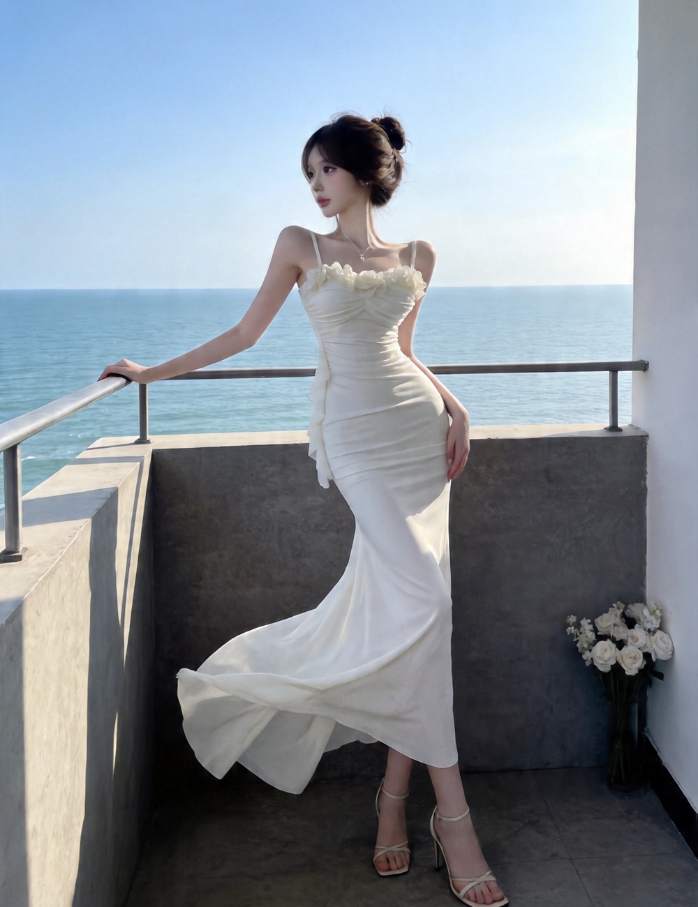 Sweet sandy beach vacation tender long dress sling gauze sexy dress