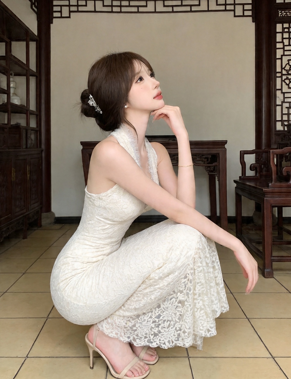 Sleeveless pinched waist long dress sexy dress for women