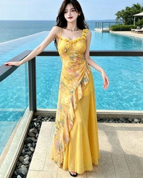 Slim floral unique dress gauze blooming long dress for women