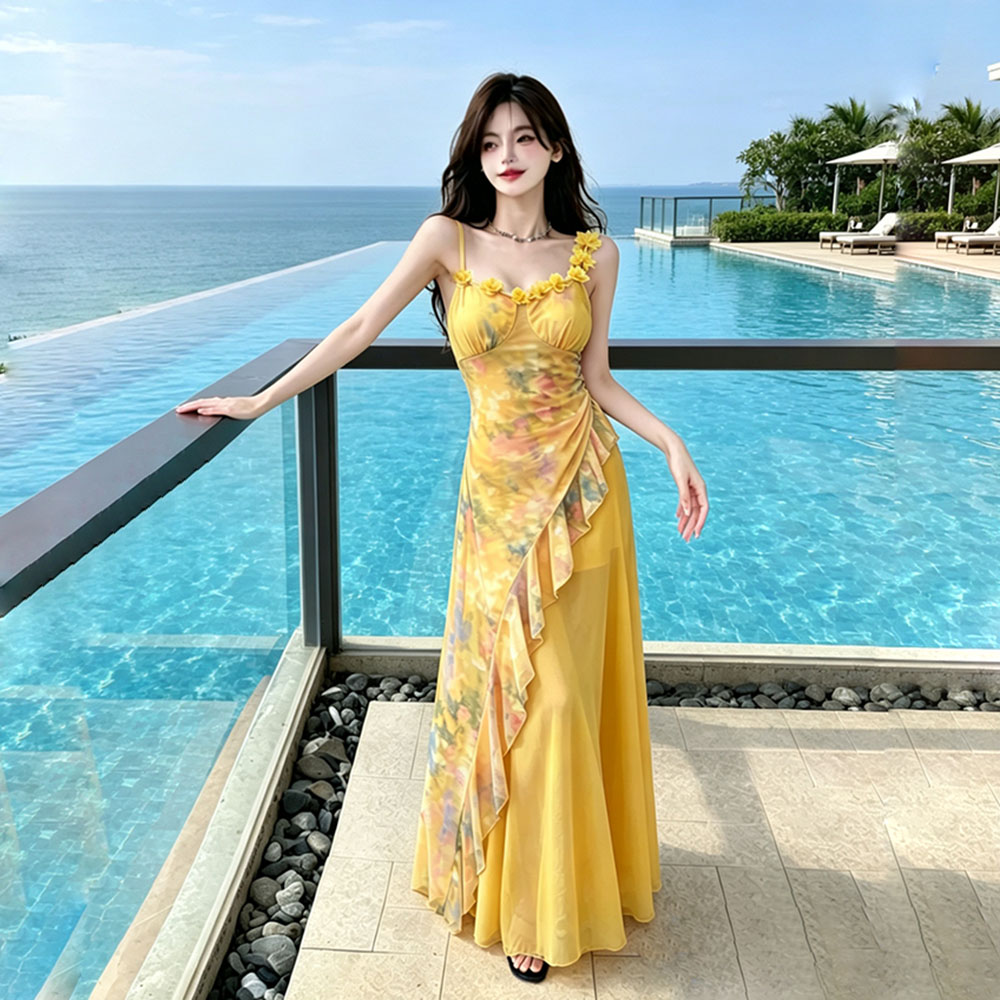 Slim floral unique dress gauze blooming long dress for women