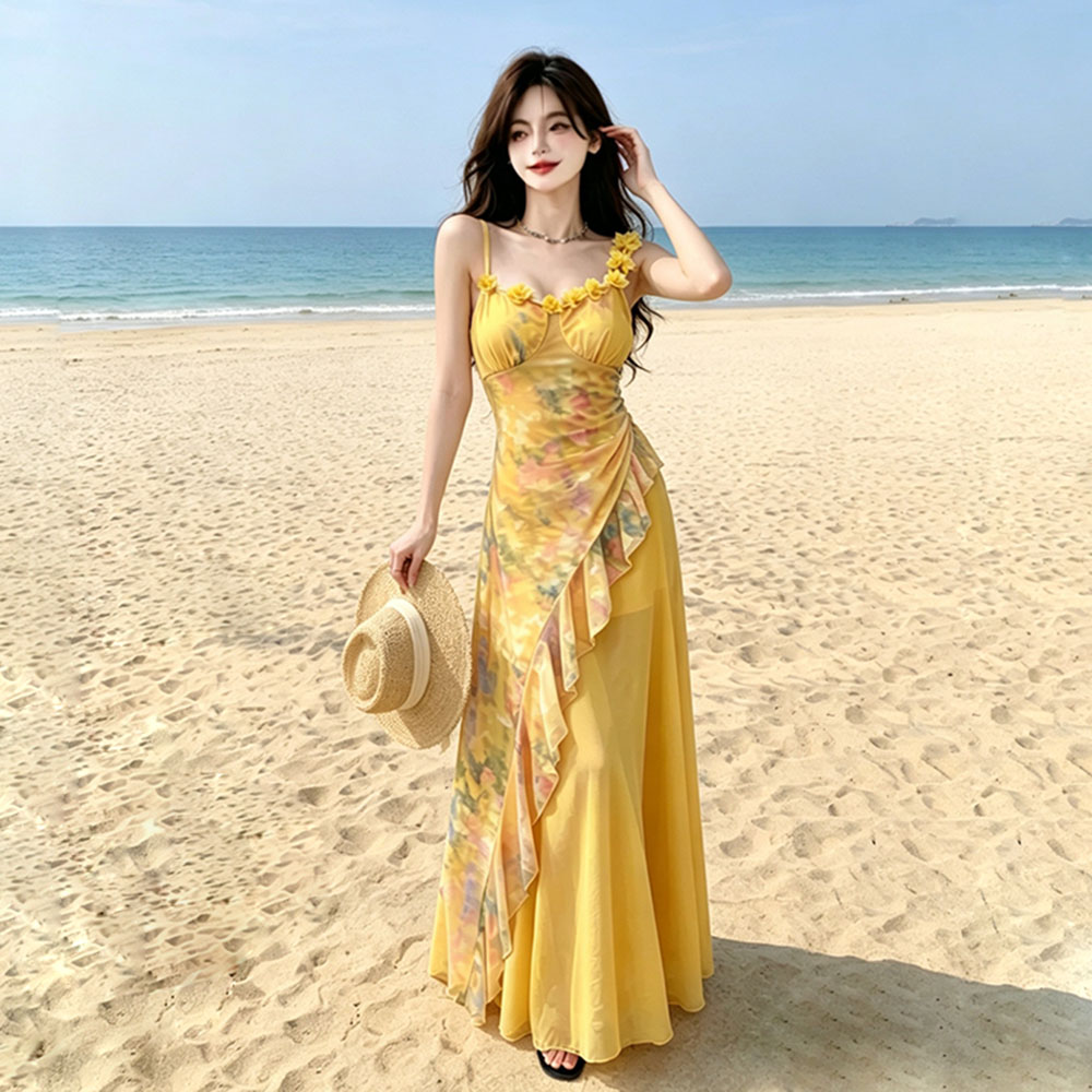 Slim floral unique dress gauze blooming long dress for women