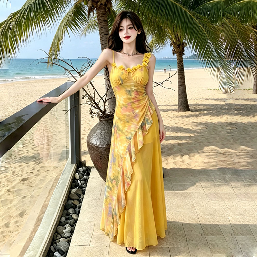 Slim floral unique dress gauze blooming long dress for women