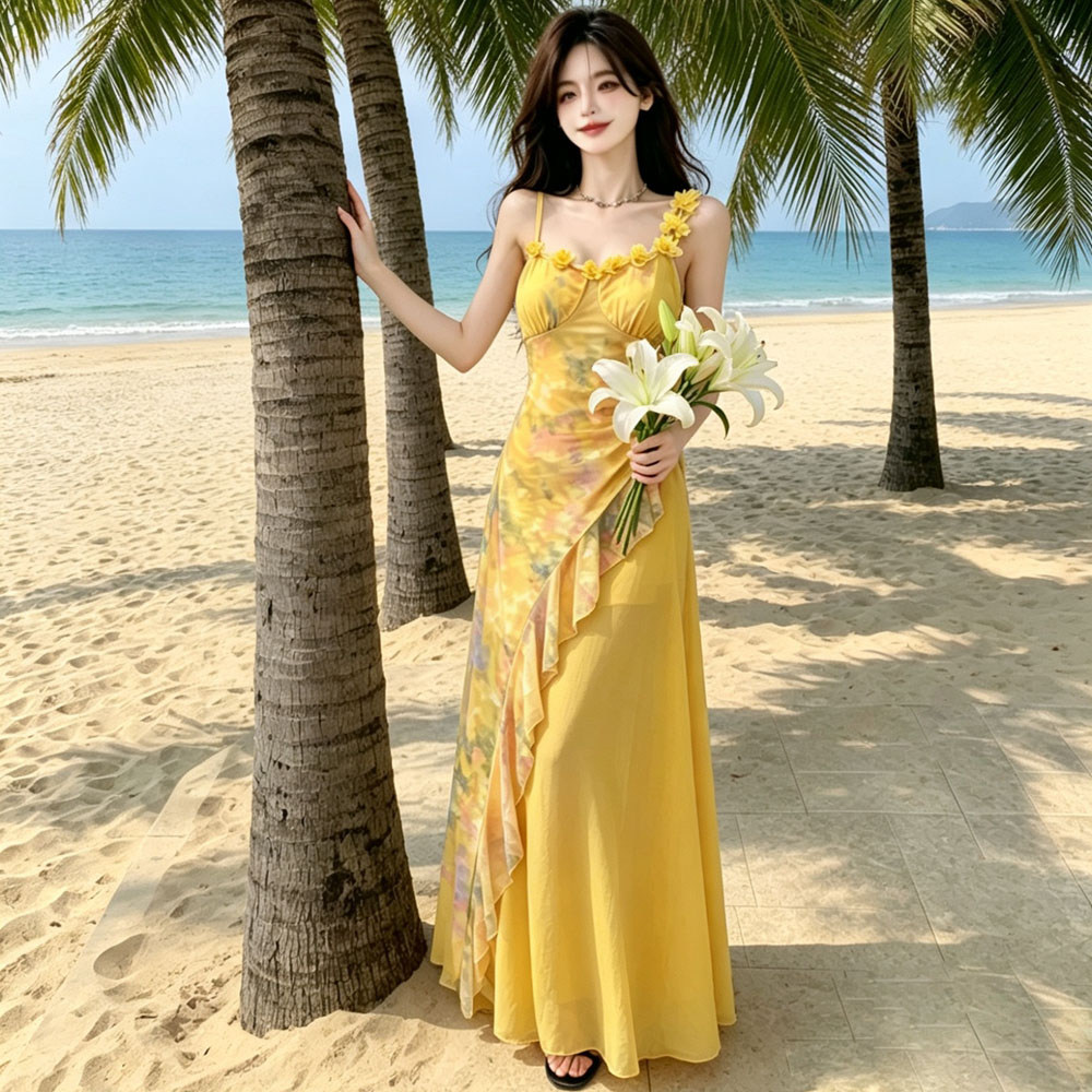 Slim floral unique dress gauze blooming long dress for women