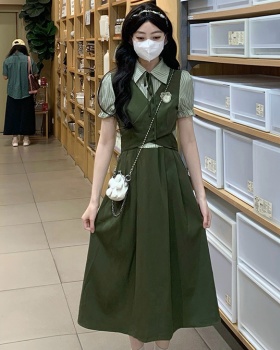 Bow splice frenum pinched waist Pseudo-two long dress