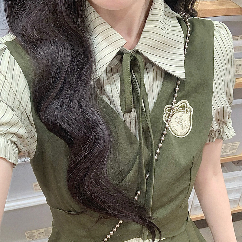 Bow splice frenum pinched waist Pseudo-two long dress