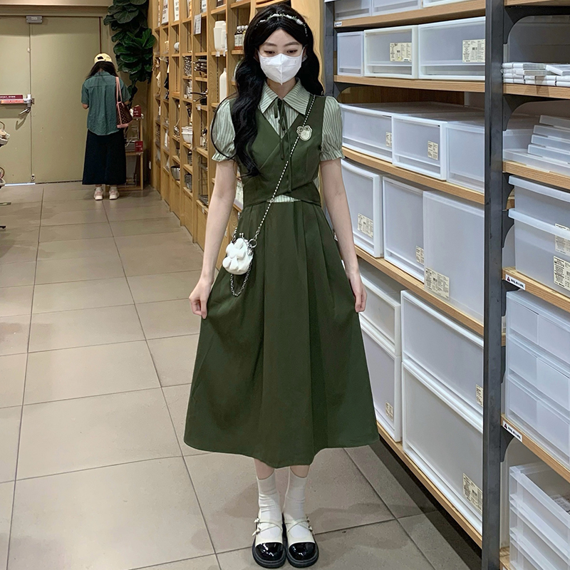 Bow splice frenum pinched waist Pseudo-two long dress