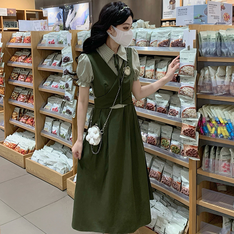 Bow splice frenum pinched waist Pseudo-two long dress