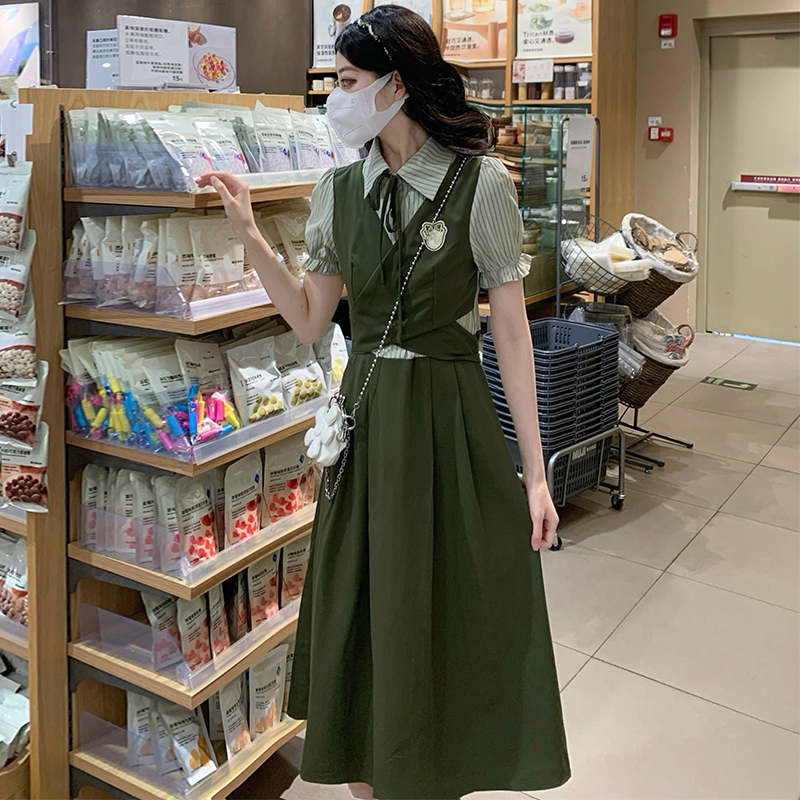 Bow splice frenum pinched waist Pseudo-two long dress