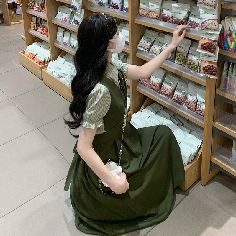 Bow splice frenum pinched waist Pseudo-two long dress