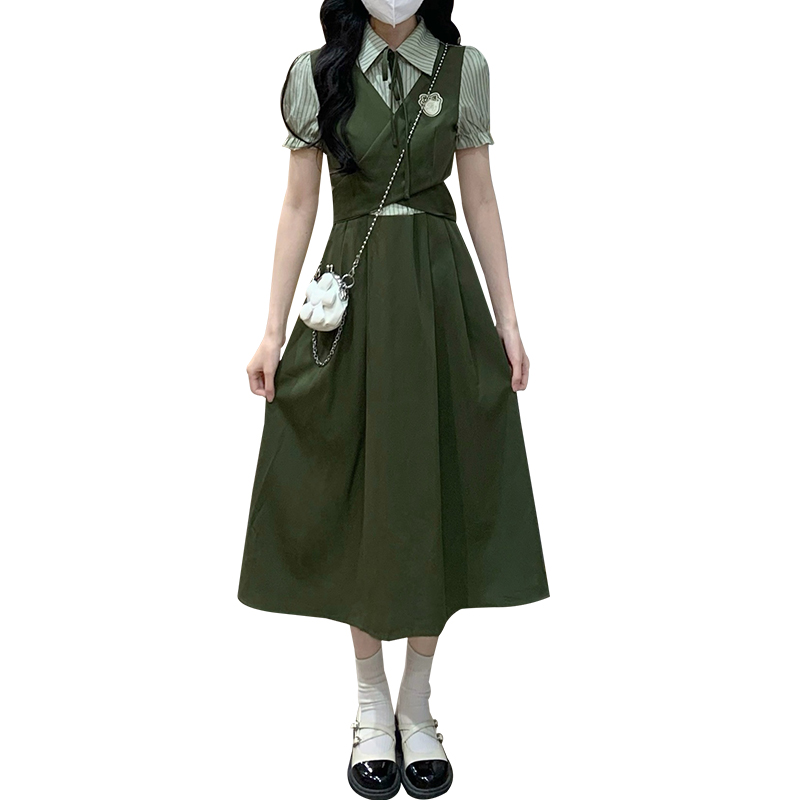 Bow splice frenum pinched waist Pseudo-two long dress