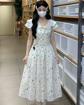 Cotton washed V-neck fresh long printing boats sleeve dress