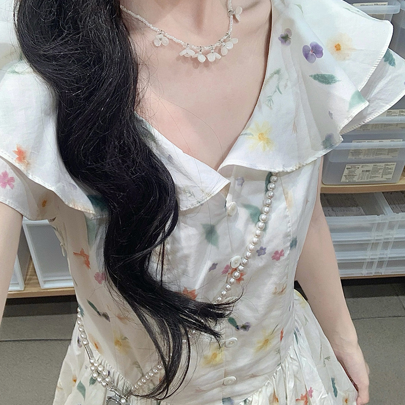 Cotton washed V-neck fresh long printing boats sleeve dress