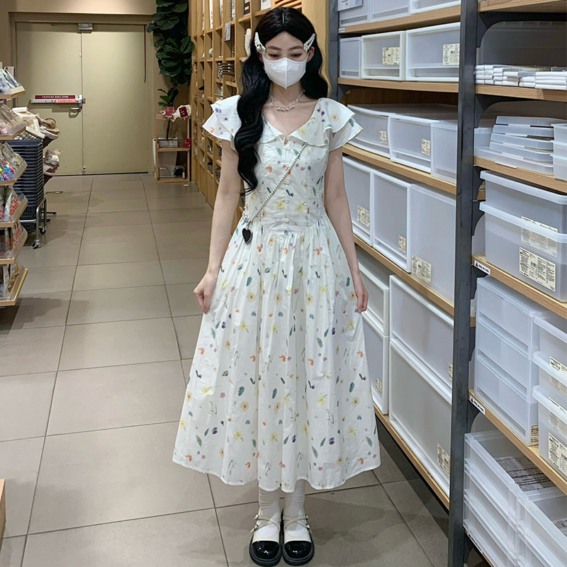 Cotton washed V-neck fresh long printing boats sleeve dress