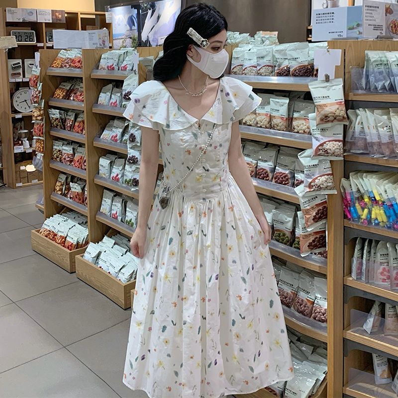 Cotton washed V-neck fresh long printing boats sleeve dress