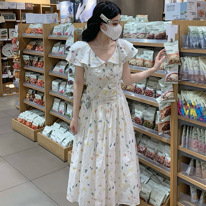 Cotton washed V-neck fresh long printing boats sleeve dress