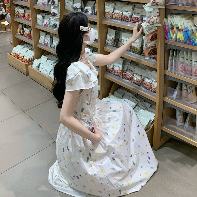 Cotton washed V-neck fresh long printing boats sleeve dress