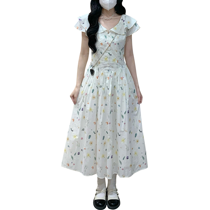 Cotton washed V-neck fresh long printing boats sleeve dress