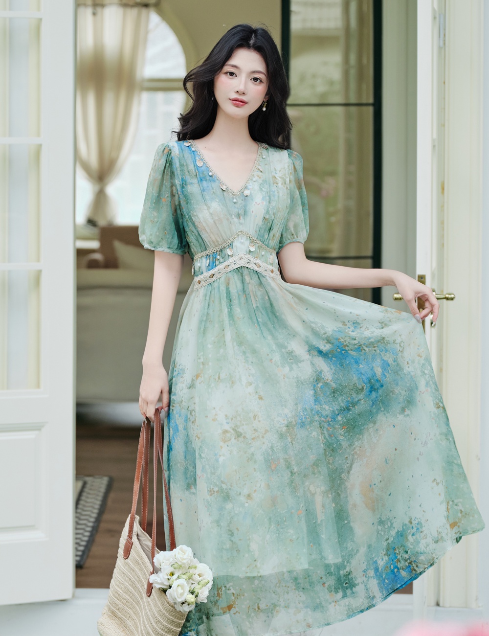 Artistic summer green Bohemian style blooming dress
