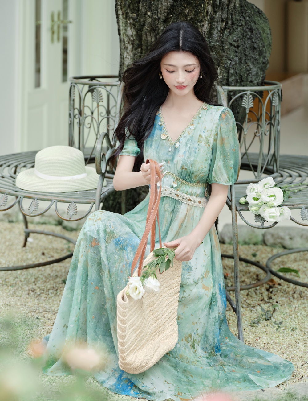 Artistic summer green Bohemian style blooming dress