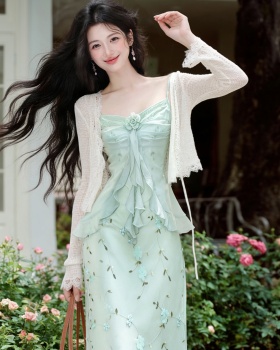 Refreshing sling dress flowers coat 2pcs set