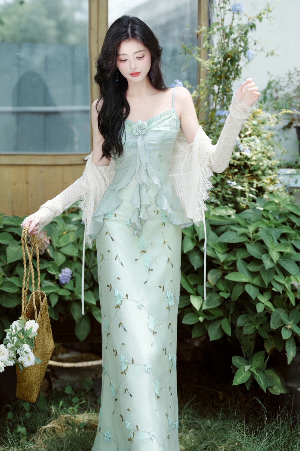 Refreshing sling dress flowers coat 2pcs set