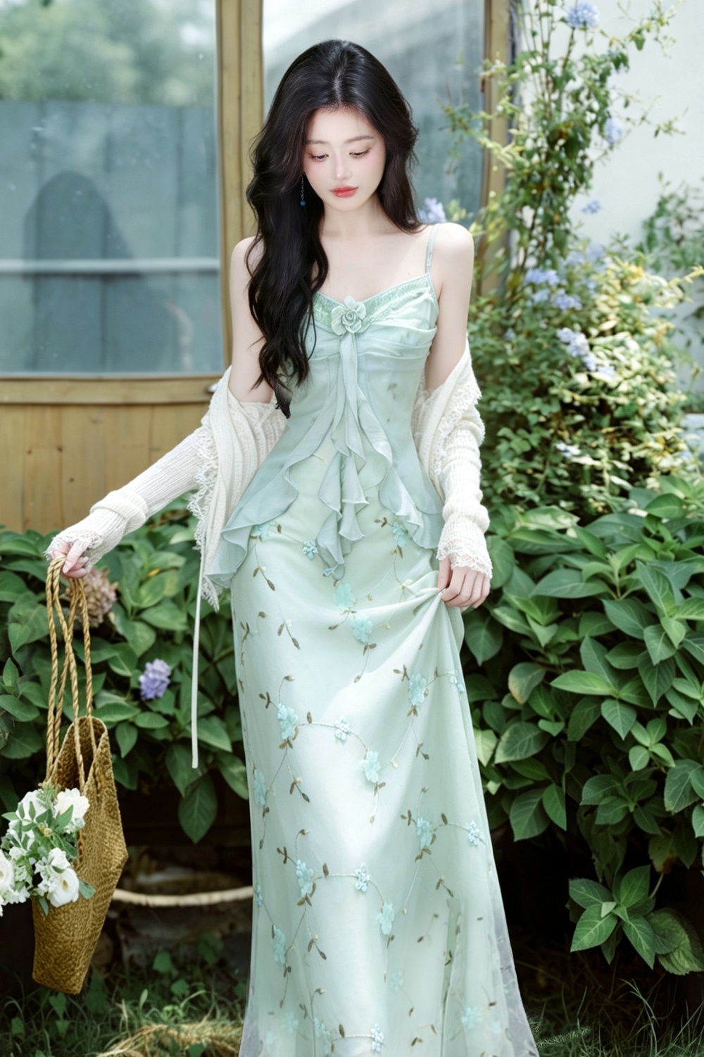 Refreshing sling dress flowers coat 2pcs set