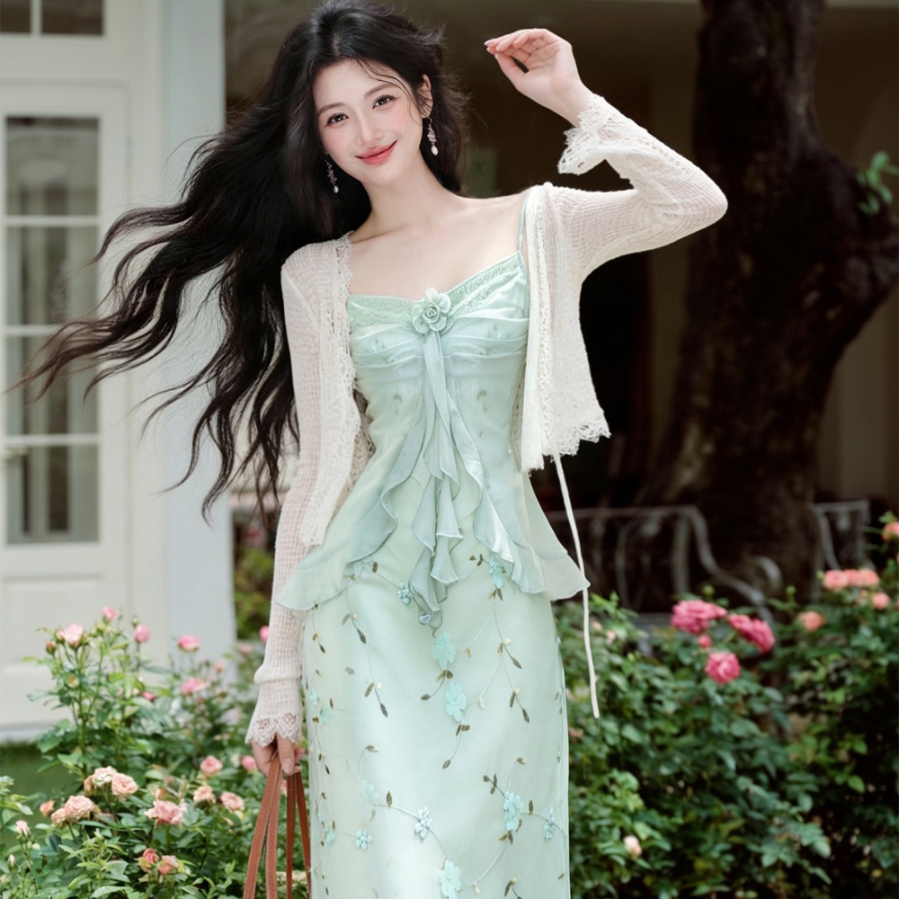 Refreshing sling dress flowers coat 2pcs set