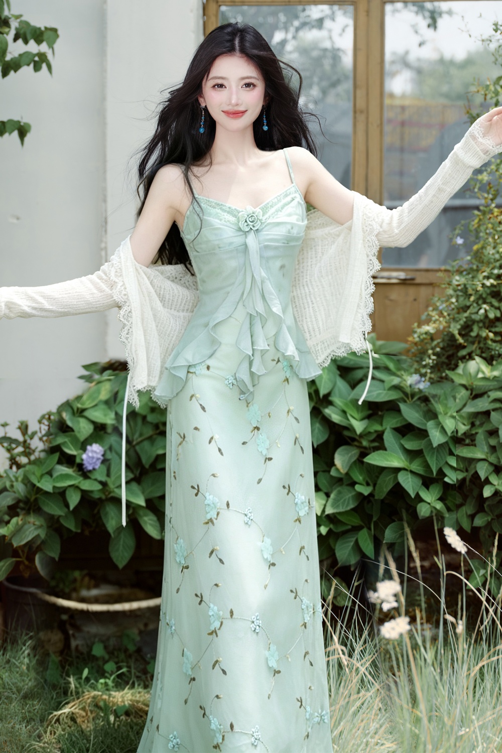 Refreshing sling dress flowers coat 2pcs set