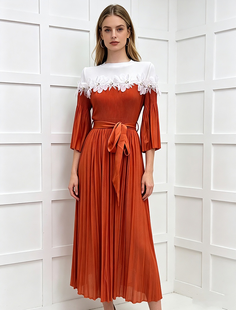 Lace pleated disk flowers trumpet sleeves slim fashion dress