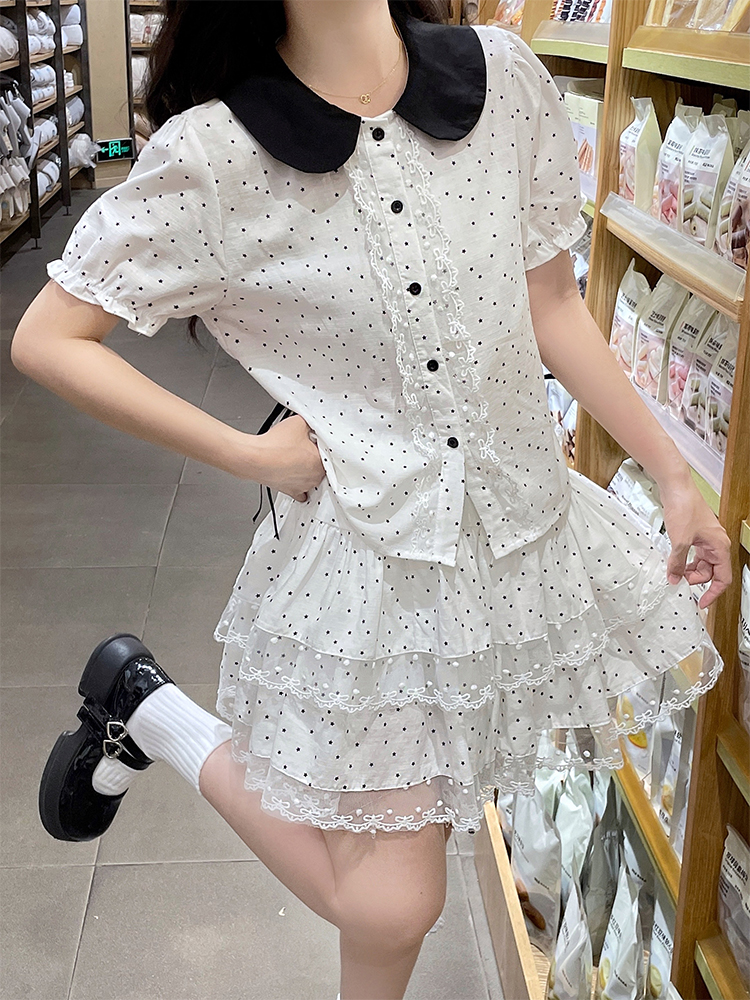 Maiden polka dot shirt summer short skirt a set