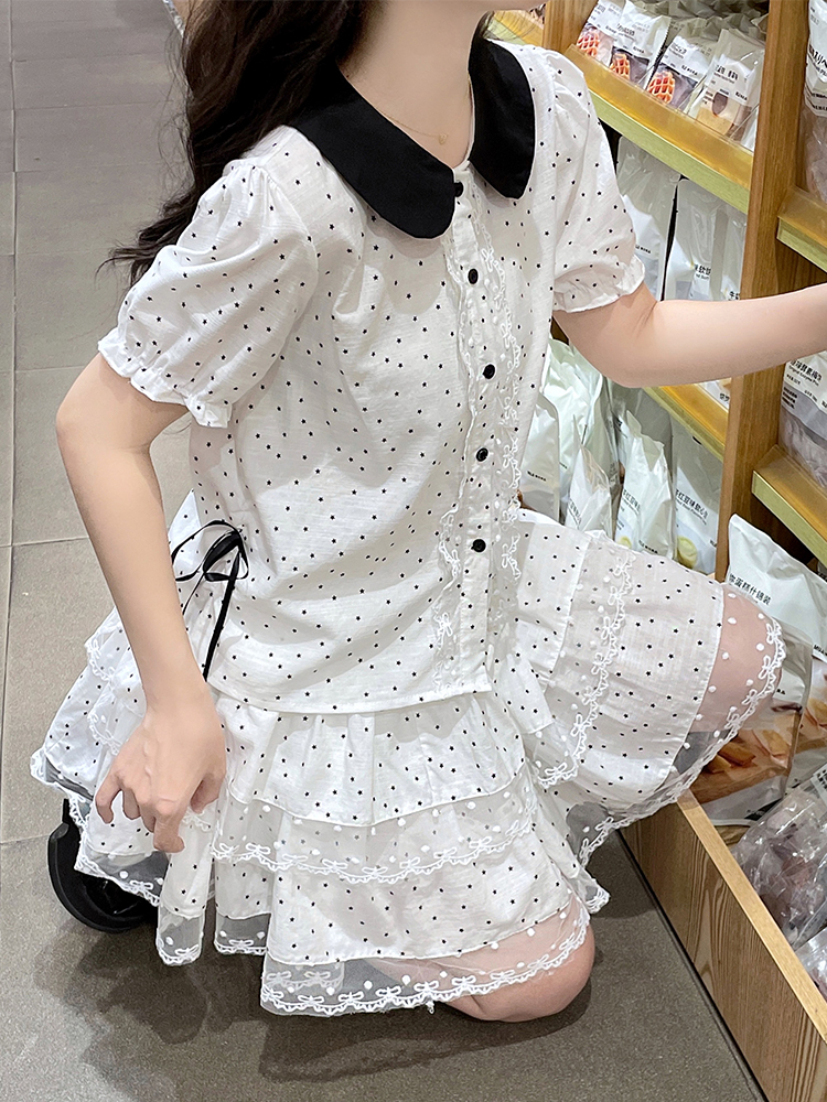 Maiden polka dot shirt summer short skirt a set