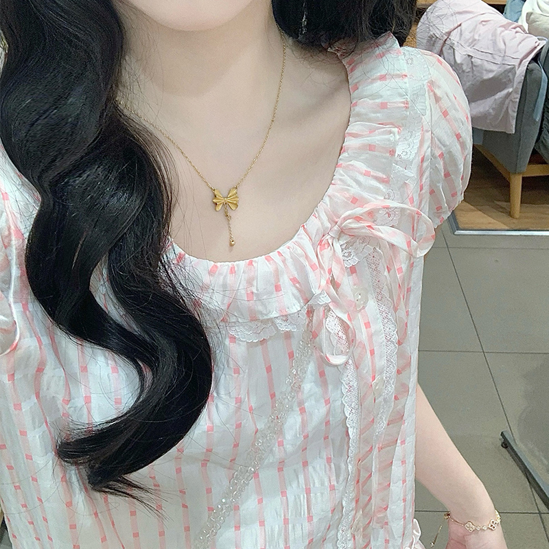 Show young sweet temperament plaid niche pink dress