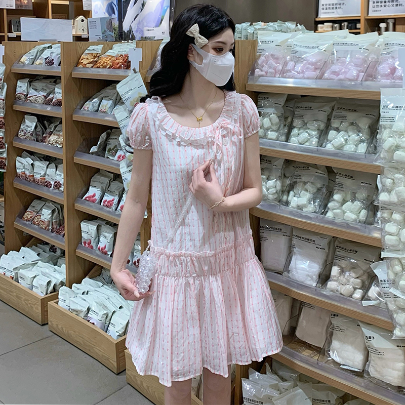 Show young sweet temperament plaid niche pink dress