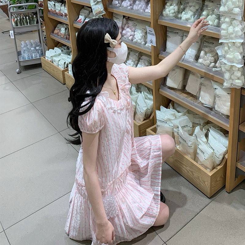 Show young sweet temperament plaid niche pink dress