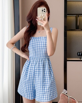 Bow plaid cotton square collar summer jumpsuit for women