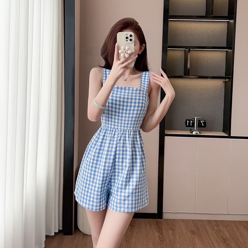 Bow plaid cotton square collar summer jumpsuit for women